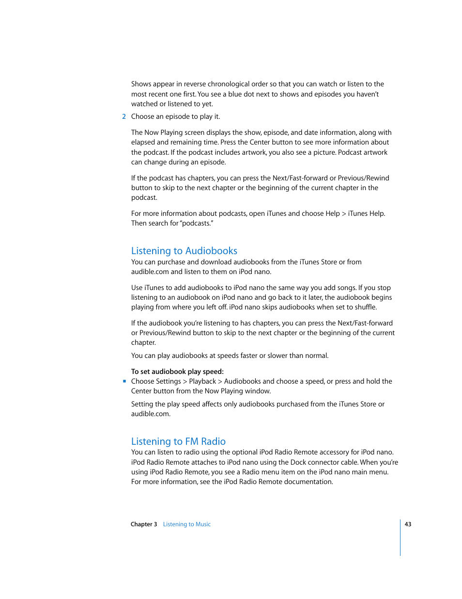 Listening to audiobooks, Listening to fm radio | Apple iPod nano User Manual | Page 43 / 80
