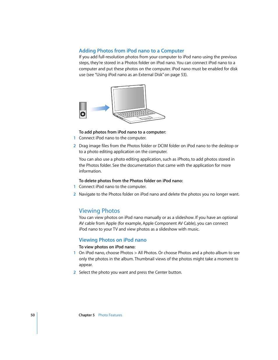 Adding photos from ipodnano to a computer, Viewing photos, Viewing photos on ipodnano | Apple iPod nano User Manual | Page 50 / 80