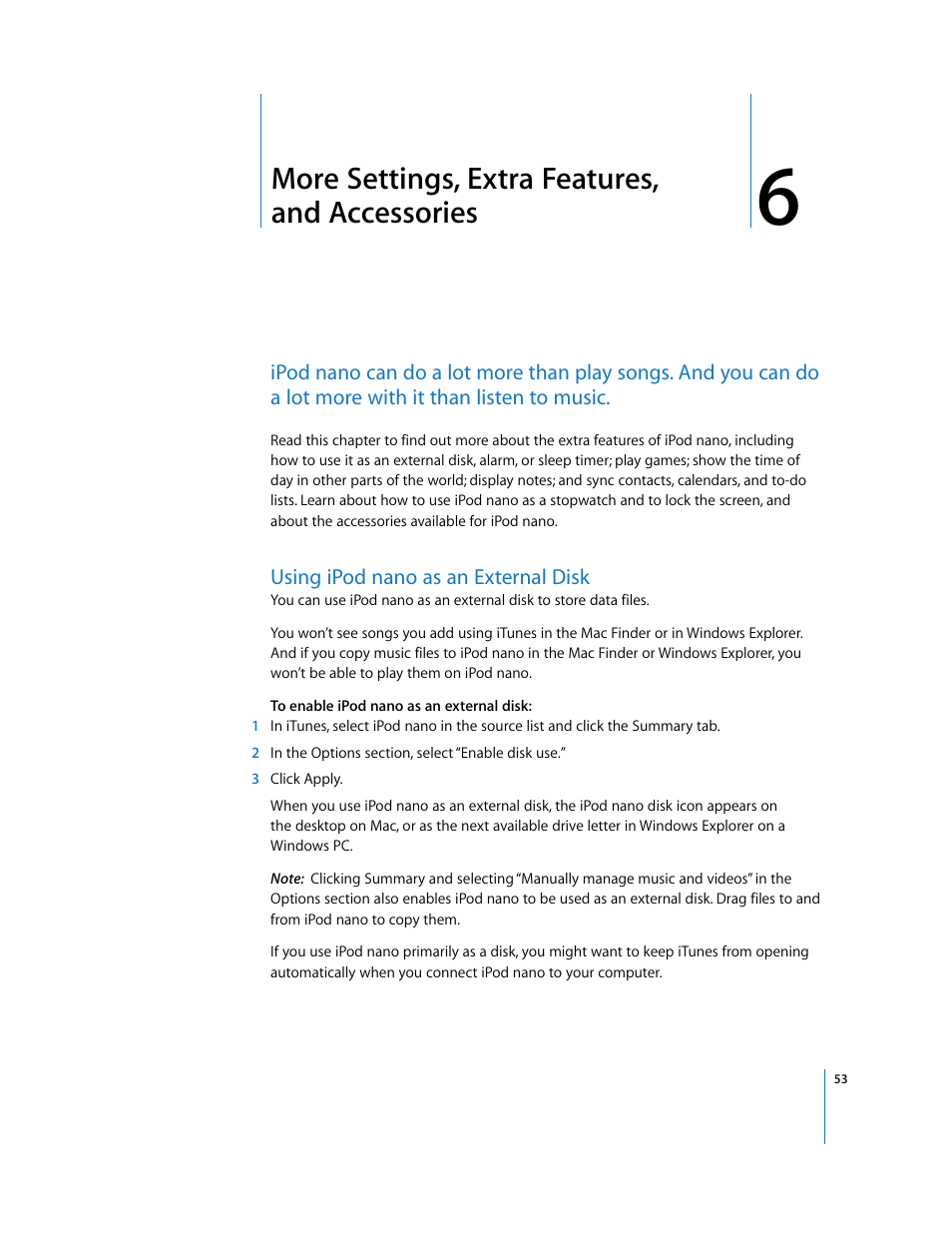 More settings, extra features, and accessories, Using ipodnano as an external disk, Chapter 6 | Apple iPod nano User Manual | Page 53 / 80