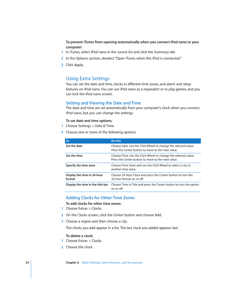 Using extra settings, Setting and viewing the date and time, Adding clocks for other time zones | Apple iPod nano User Manual | Page 54 / 80