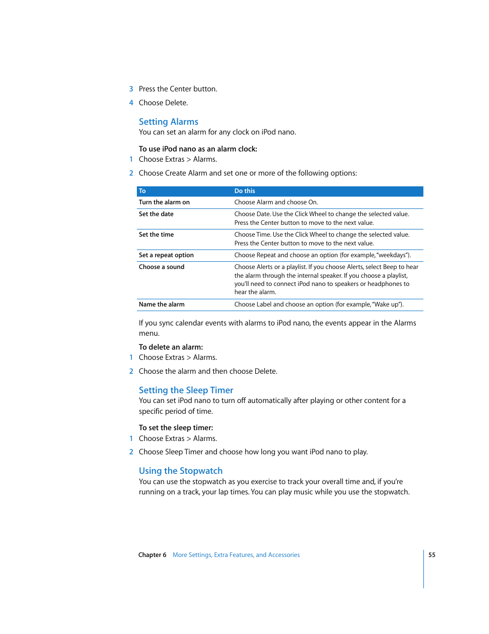 Setting alarms, Setting the sleep timer, Using the stopwatch | Apple iPod nano User Manual | Page 55 / 80