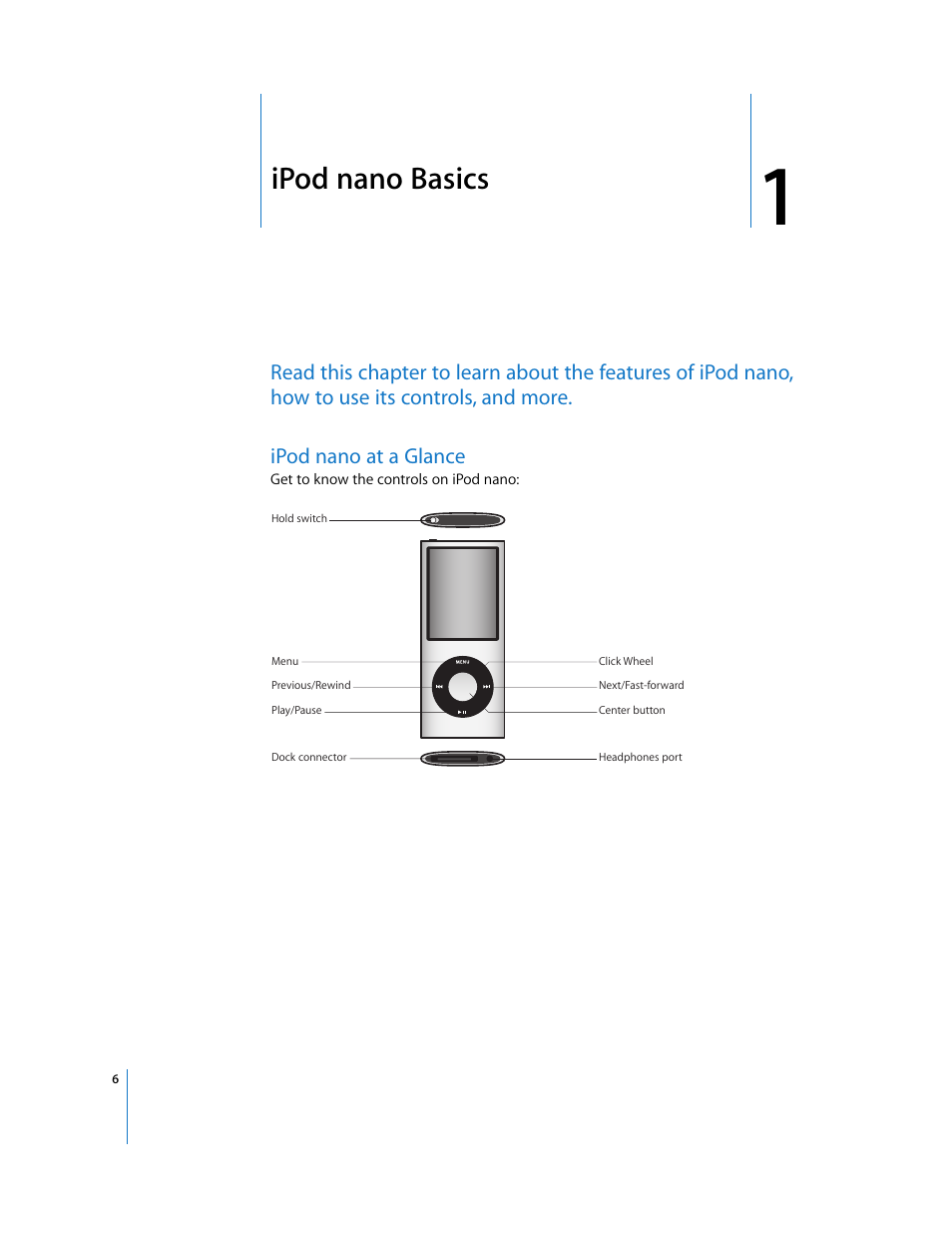 Ipodnano basics, Ipodnano at a glance, Chapter 1 | Ipod nano basics | Apple iPod nano User Manual | Page 6 / 80