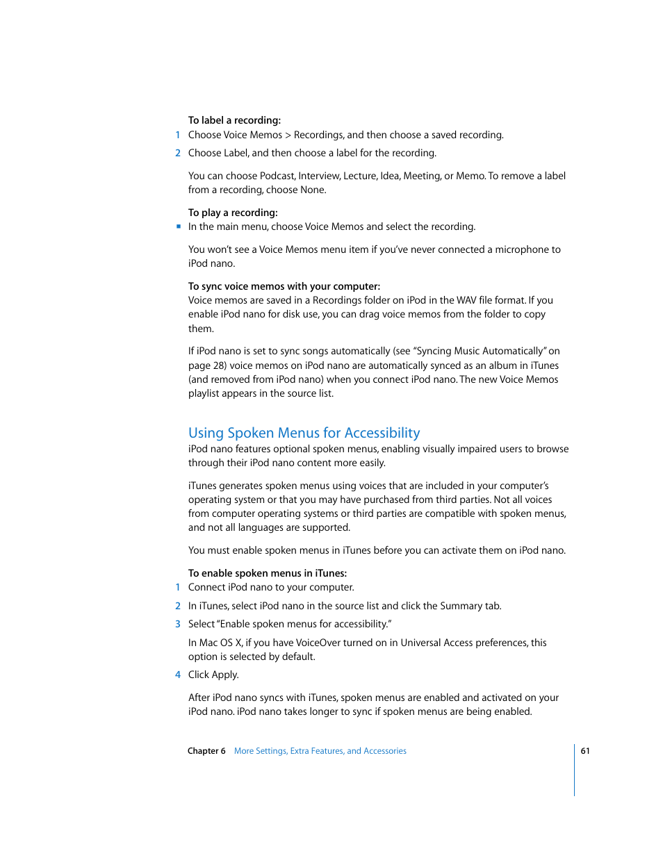 Using spoken menus for accessibility | Apple iPod nano User Manual | Page 61 / 80