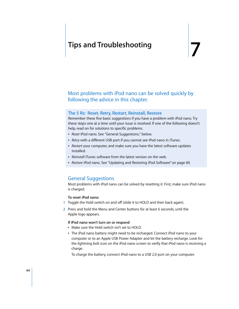 Tips and troubleshooting, General suggestions, Chapter 7 | Apple iPod nano User Manual | Page 64 / 80