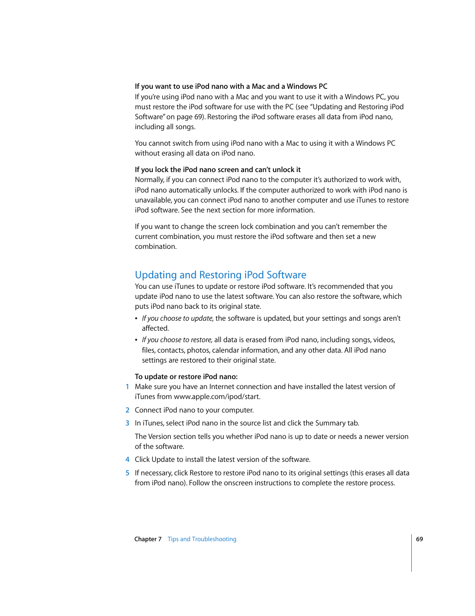 Updating and restoring ipod software | Apple iPod nano User Manual | Page 69 / 80