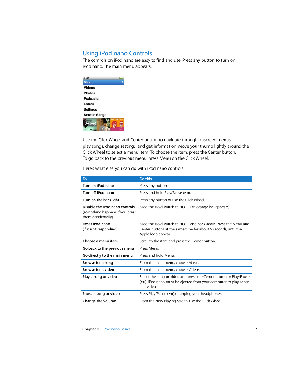 Using ipodnano controls, Using ipod nano controls | Apple iPod nano User Manual | Page 7 / 80