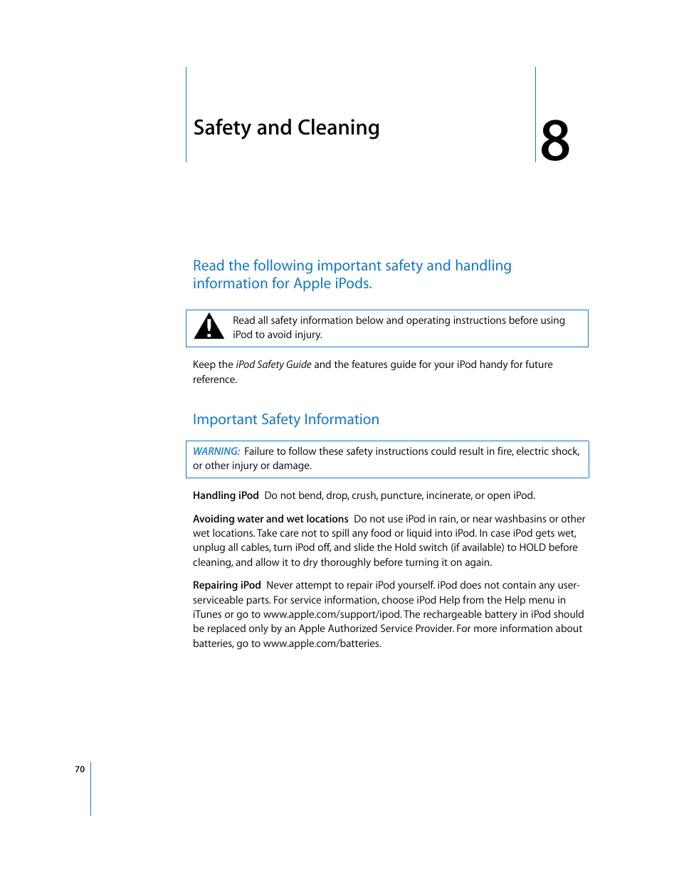 Safety and cleaning, Important safety information, Chapter 8 | Apple iPod nano User Manual | Page 70 / 80