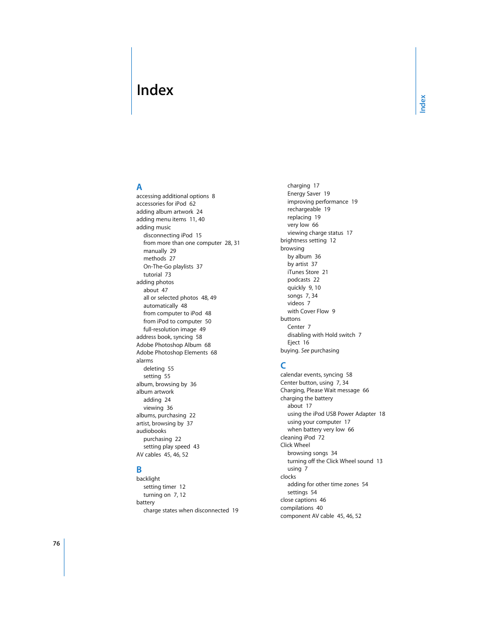 Index | Apple iPod nano User Manual | Page 76 / 80