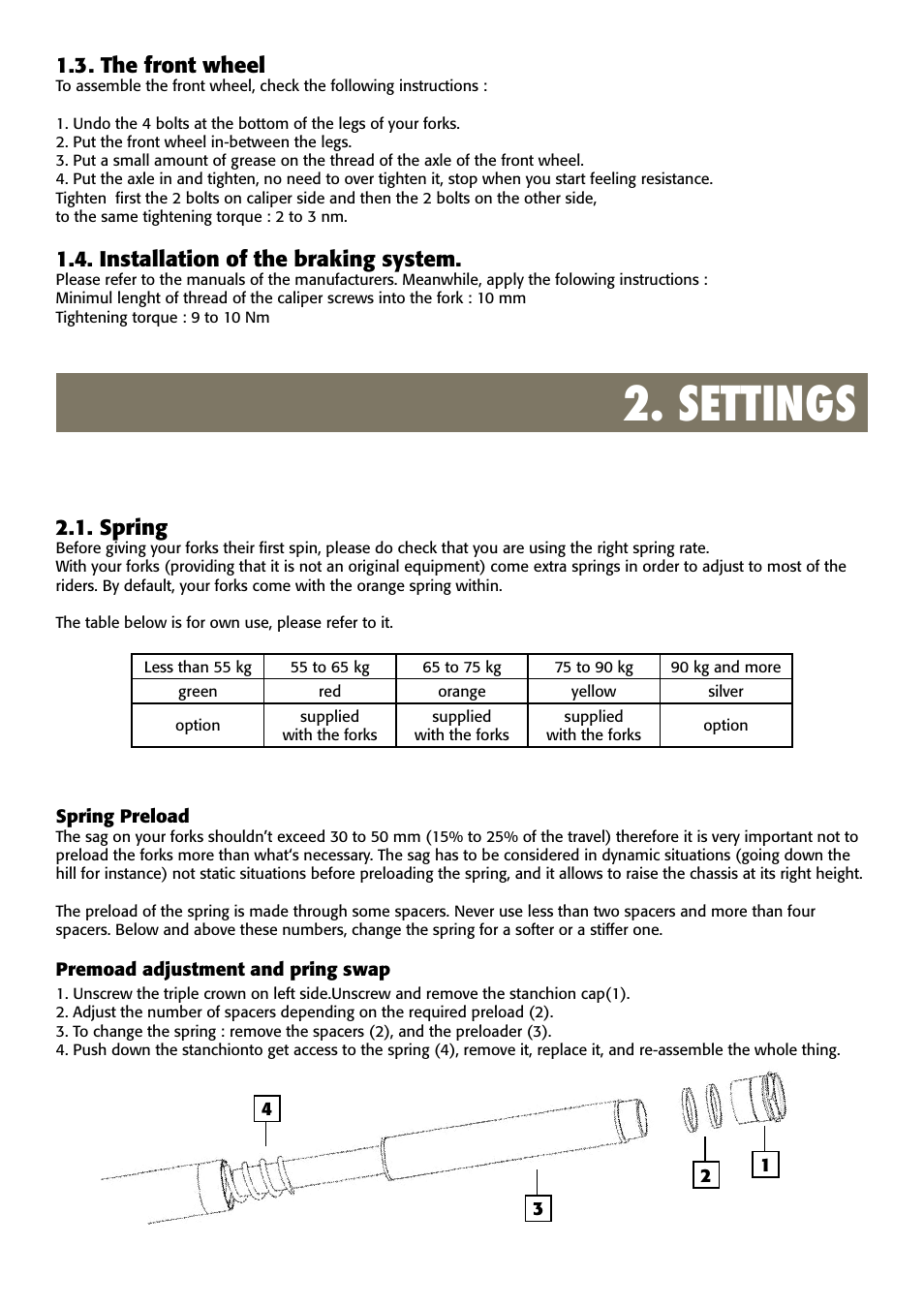 Settings, 3 . the front wheel, Installation of the braking system | Spring | Bos Idylle 2008-2010 User Manual | Page 4 / 6