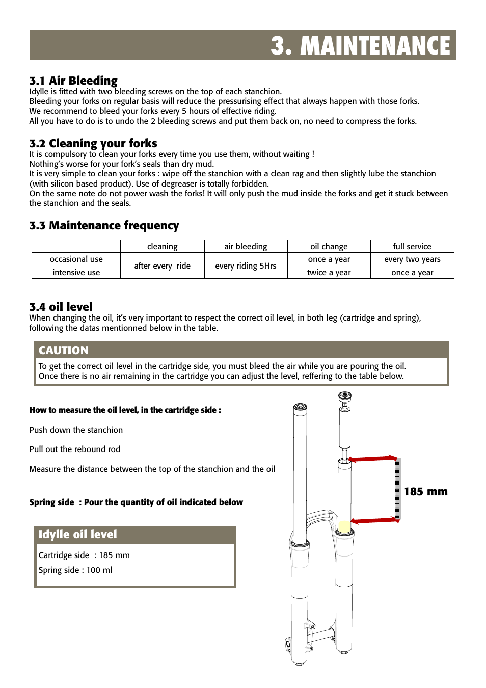 Maintenance, 1 air bleeding, 2 cleaning your forks | 3 maintenance frequency, 4 oil level, Caution, 185 mm, Idylle oil level | Bos Idylle 2008-2010 User Manual | Page 6 / 6