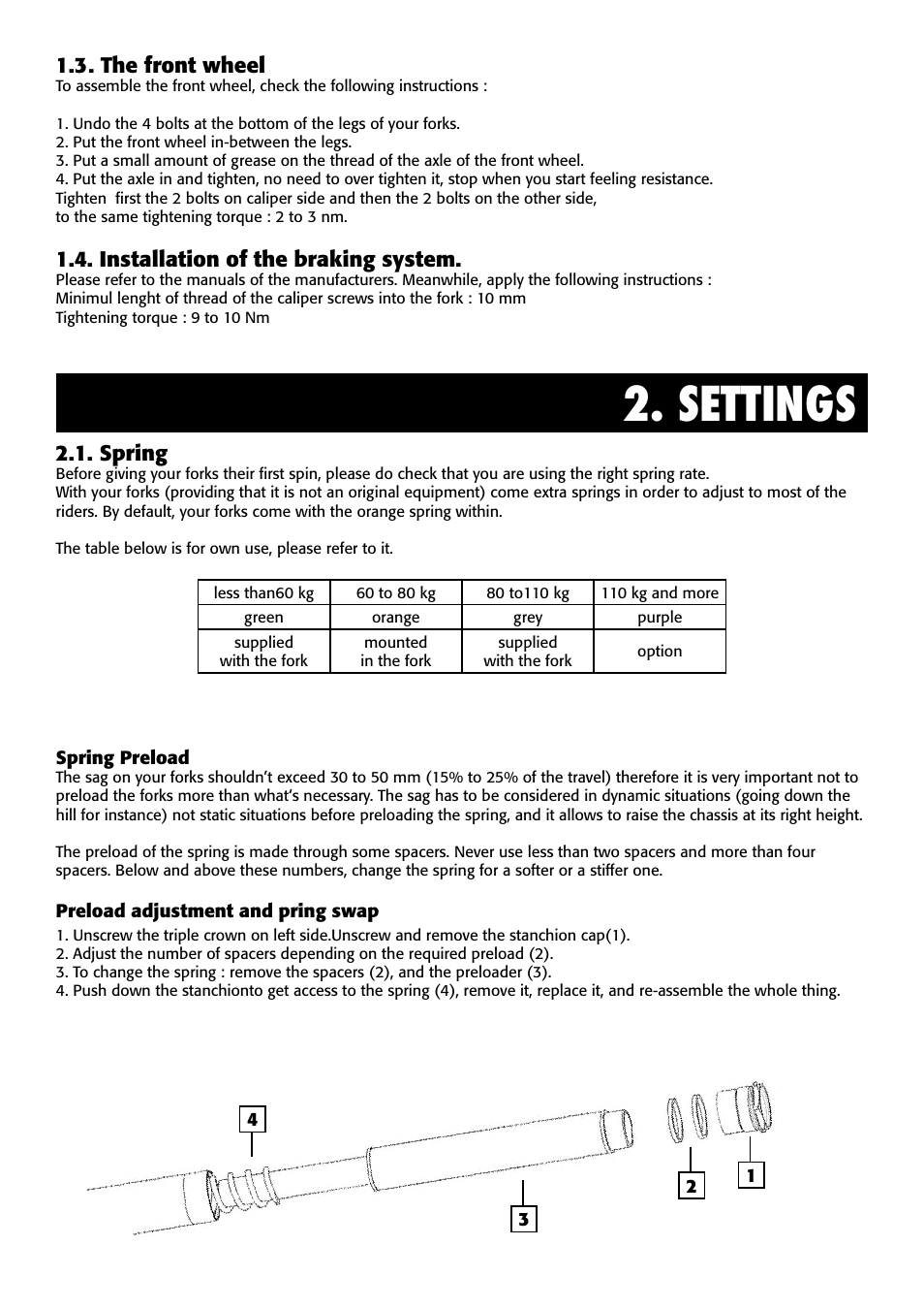 Settings, 3 . the front wheel, Installation of the braking system | Spring | Bos Idylle 2011-2013 User Manual | Page 4 / 6