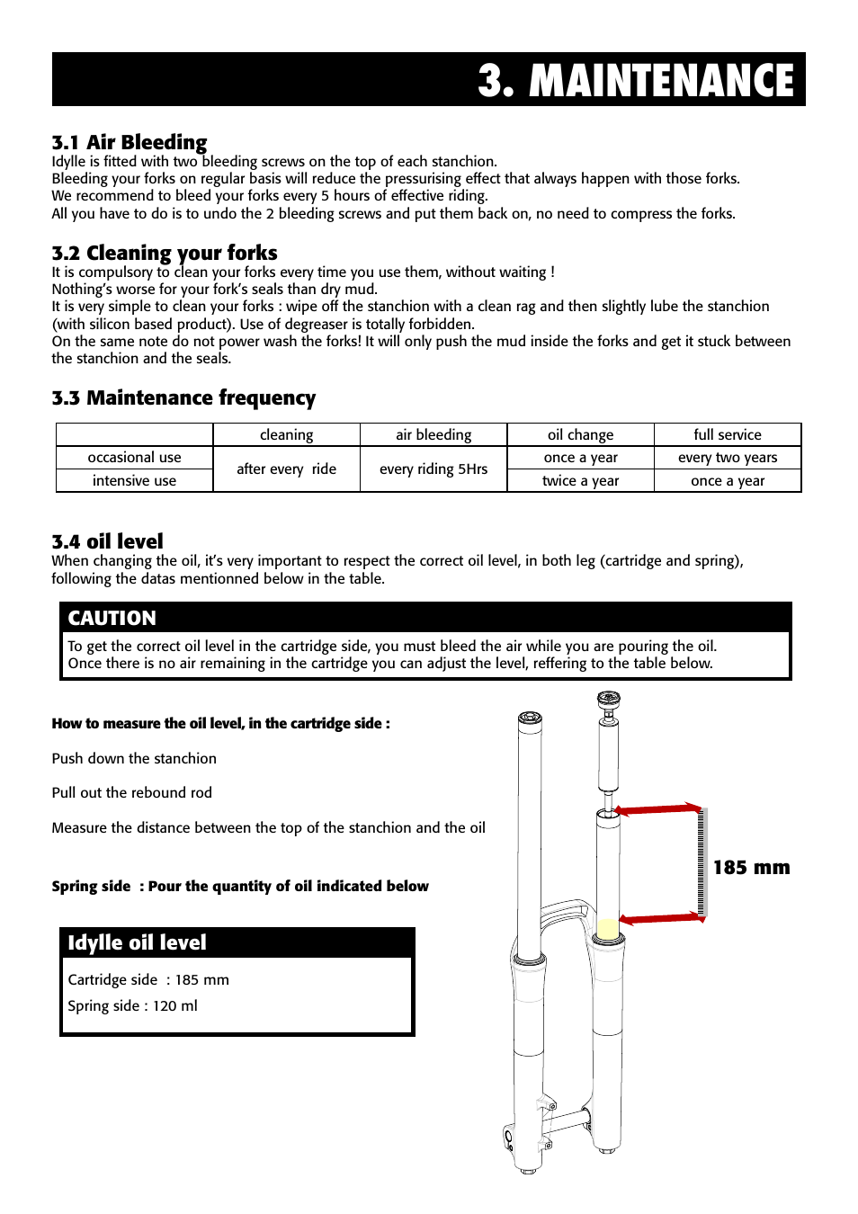 Maintenance, 1 air bleeding, 2 cleaning your forks | 3 maintenance frequency, 4 oil level, Caution, 185 mm, Idylle oil level | Bos Idylle 2011-2013 User Manual | Page 6 / 6