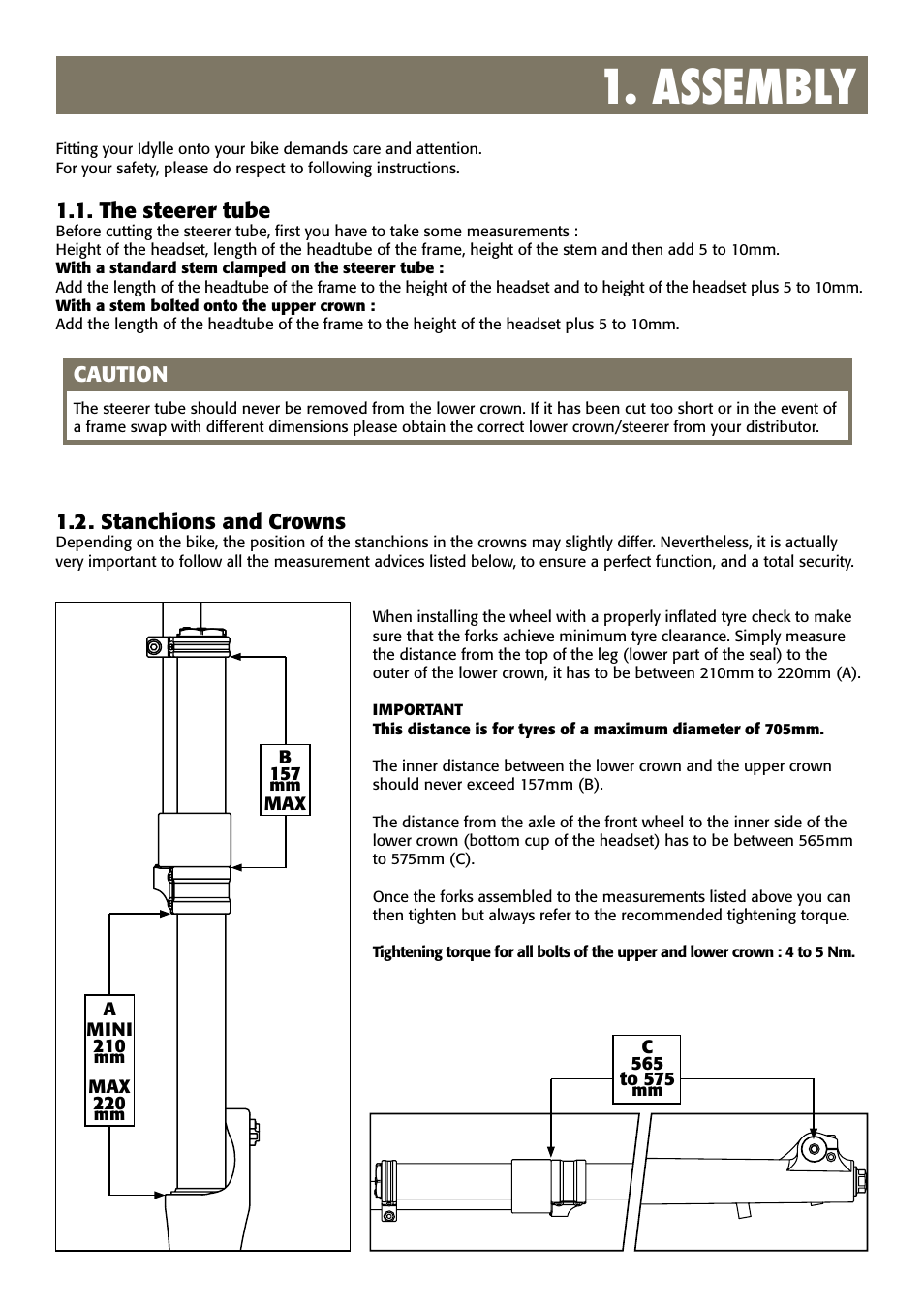Assembly, The steerer tube, Caution | 2 . stanchions and crowns | Bos IdylleRare 2008 2010 User Manual | Page 3 / 6