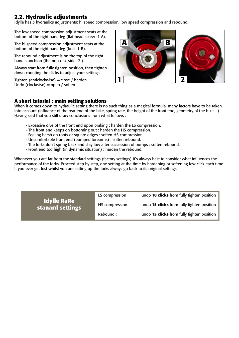12 a b, Hydraulic adjustments, Idylle rare stanard settings | Bos IdylleRare 2008 2010 User Manual | Page 5 / 6