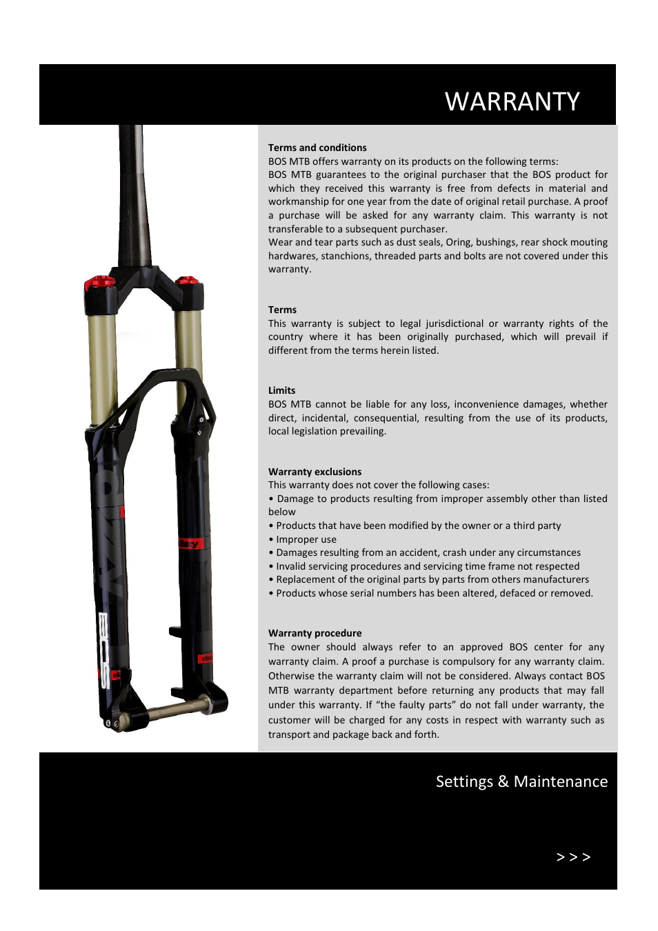 Warranty, Settings & maintenance | Bos Dizzy 2014 User manual User Manual | Page 2 / 9