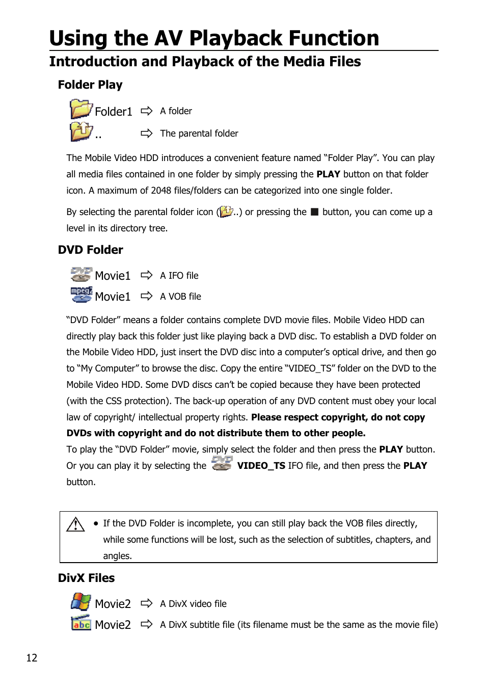 Using the av playback function, Introduction and playback of the media files | Mobile Video HDD HV356T User Manual | Page 16 / 48