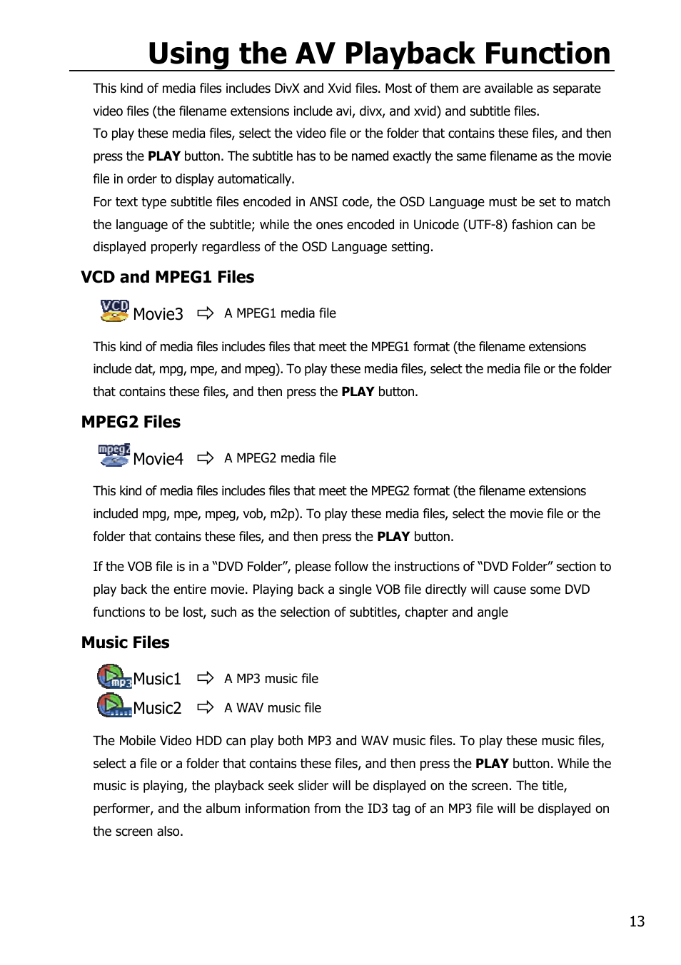 Using the av playback function | Mobile Video HDD HV356T User Manual | Page 17 / 48