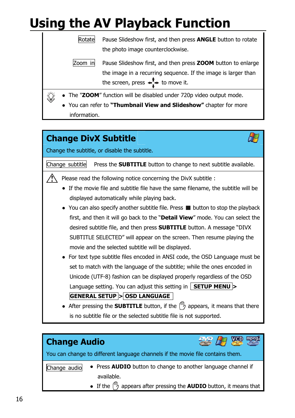 Using the av playback function, Change divx subtitle, Change audio | Mobile Video HDD HV356T User Manual | Page 20 / 48