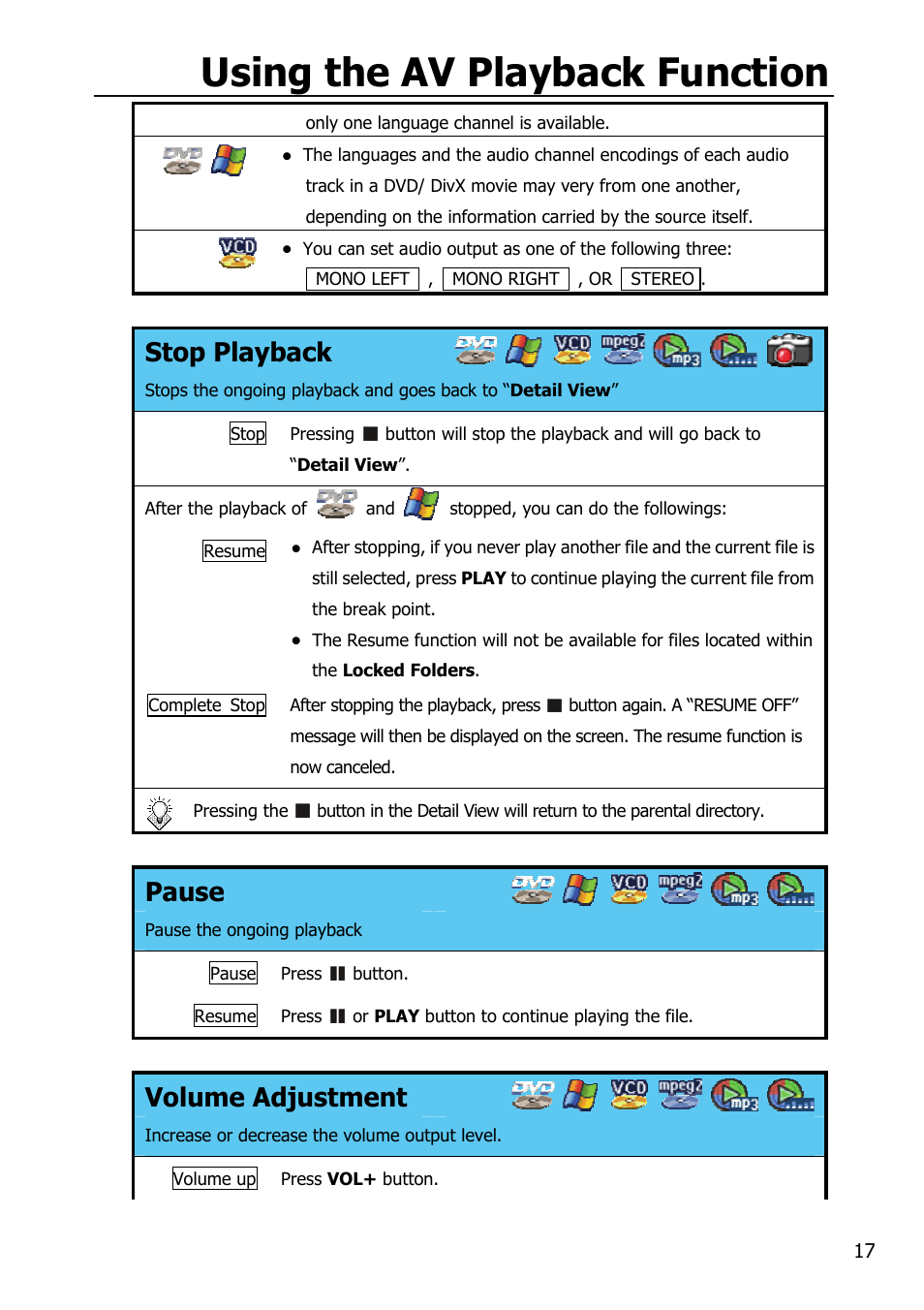 Using the av playback function, Stop playback, Pause | Volume adjustment | Mobile Video HDD HV356T User Manual | Page 21 / 48