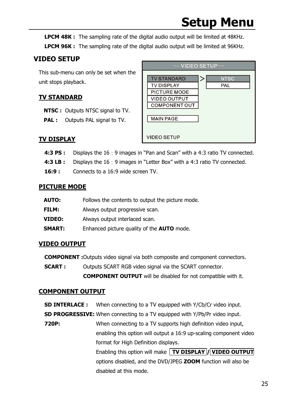 Setup menu | Mobile Video HDD HV356T User Manual | Page 29 / 48