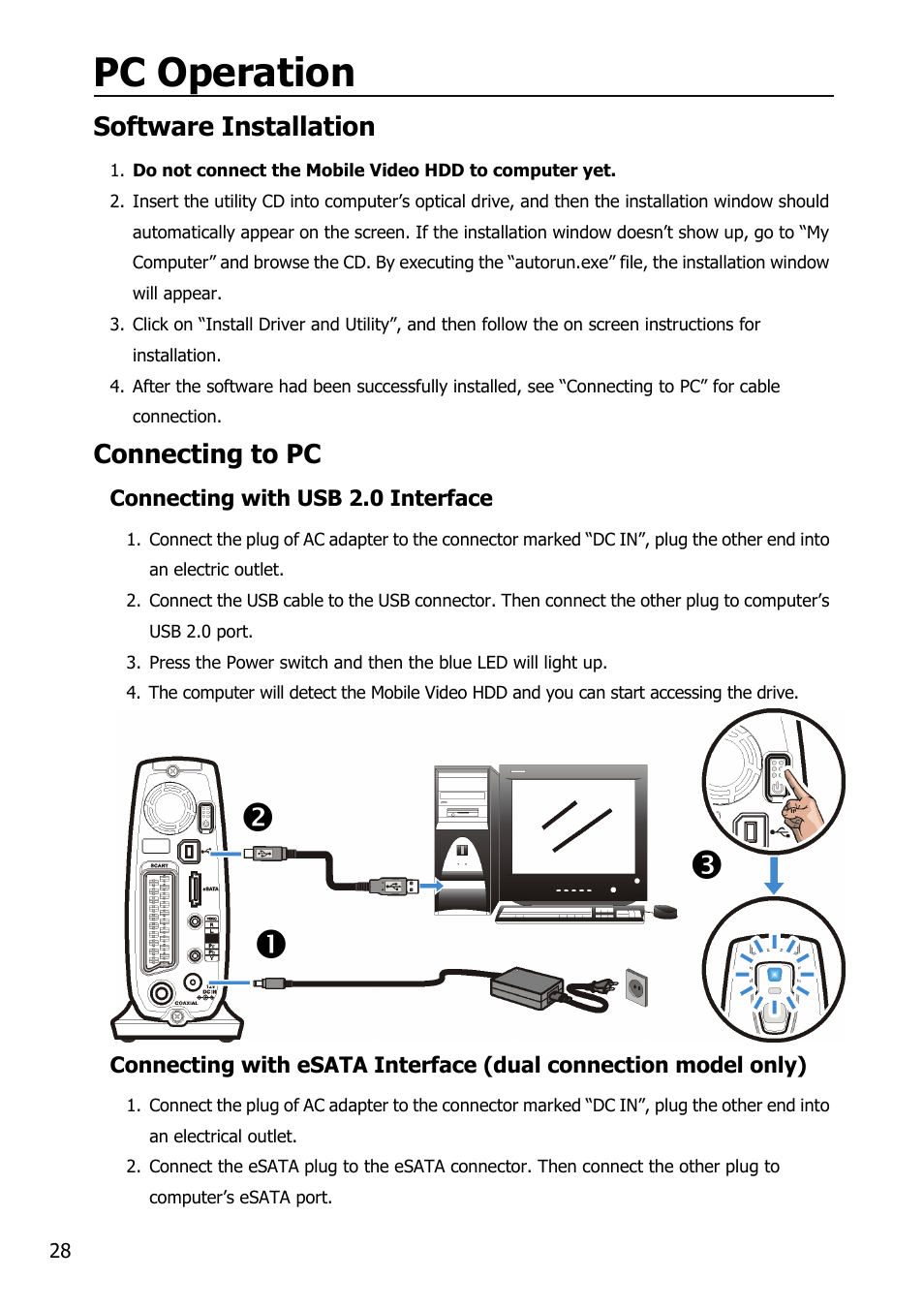 Pc operation, Np o, Software installation | Connecting to pc | Mobile Video HDD HV356T User Manual | Page 32 / 48