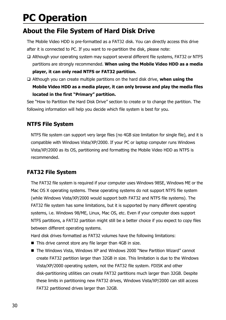 Pc operation, About the file system of hard disk drive | Mobile Video HDD HV356T User Manual | Page 34 / 48
