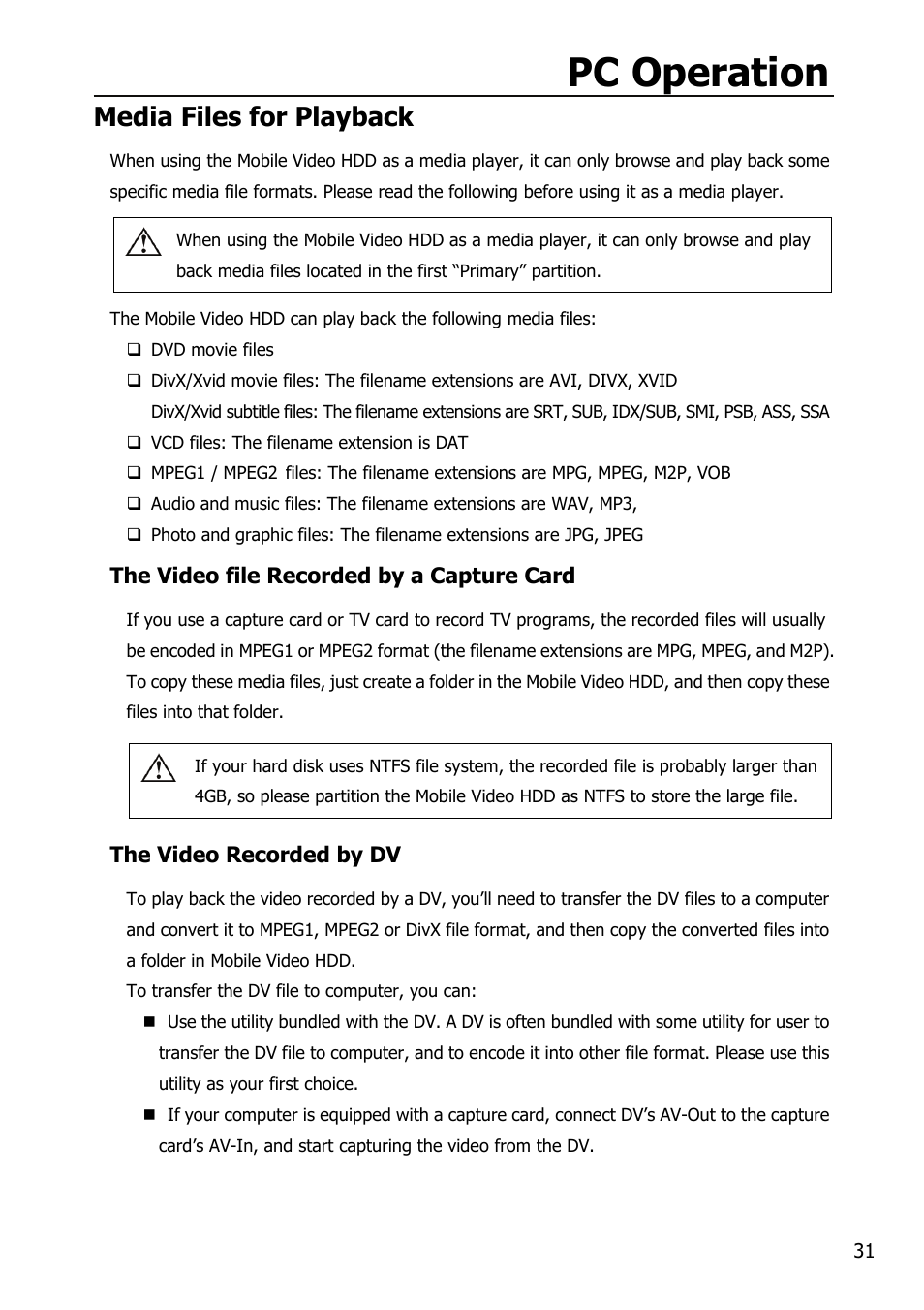 Pc operation, Media files for playback | Mobile Video HDD HV356T User Manual | Page 35 / 48