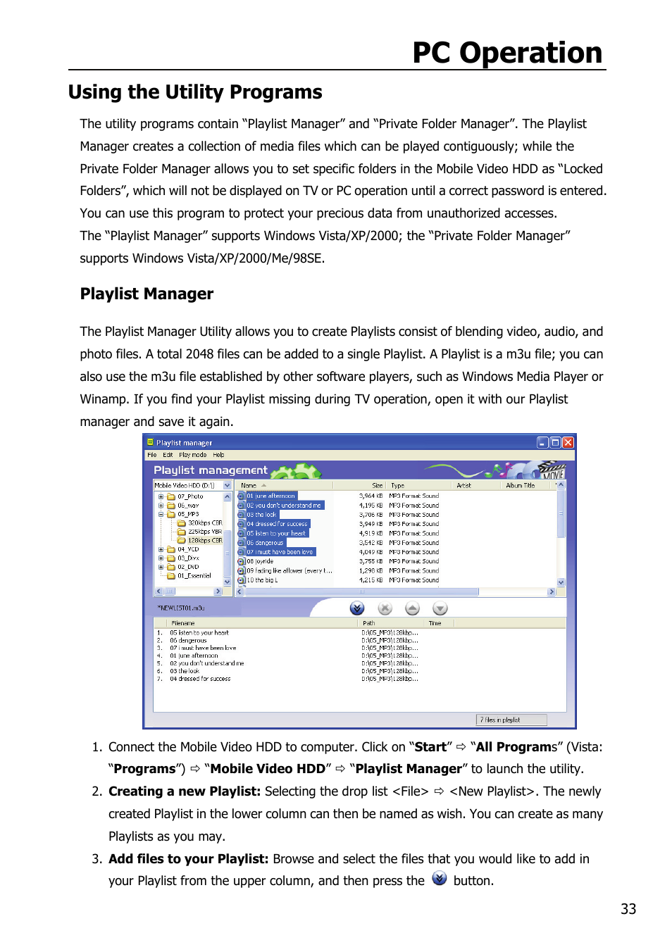 Pc operation, Using the utility programs | Mobile Video HDD HV356T User Manual | Page 37 / 48