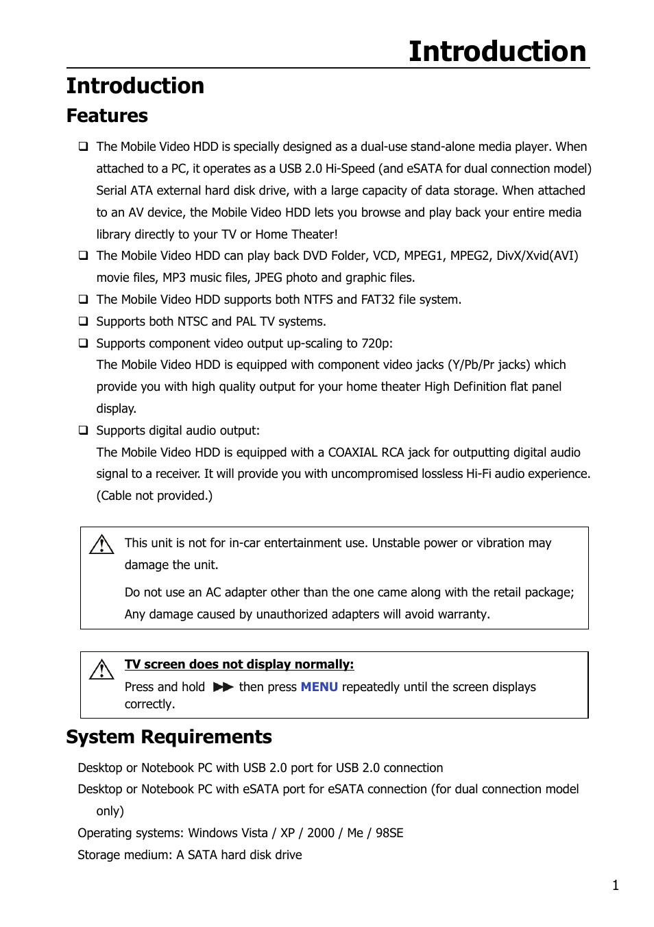 Introduction, Features, System requirements | Mobile Video HDD HV356T User Manual | Page 5 / 48