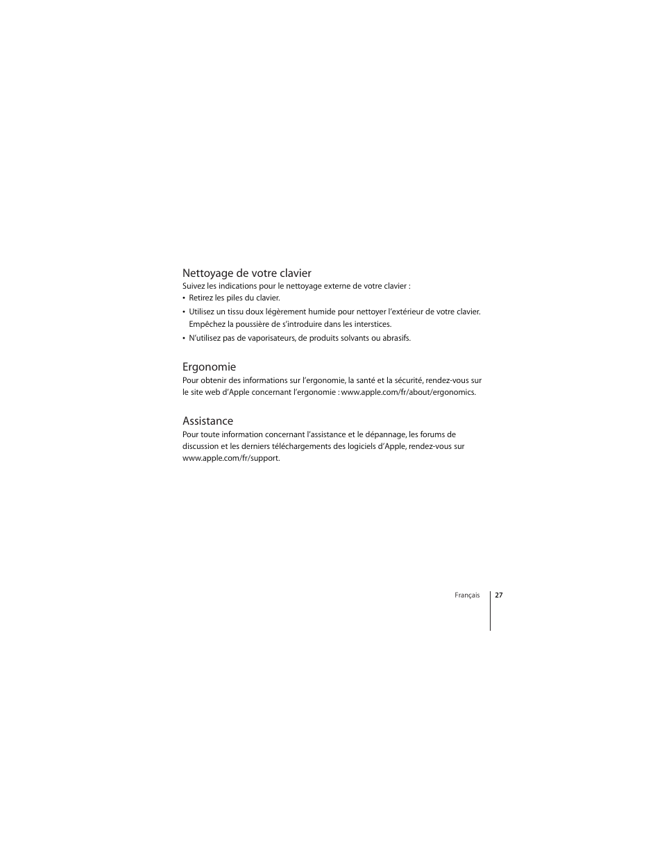 Nettoyage de votre clavier, Ergonomie, Assistance | Apple Wireless  Keyboard User Manual | Page 27 / 52