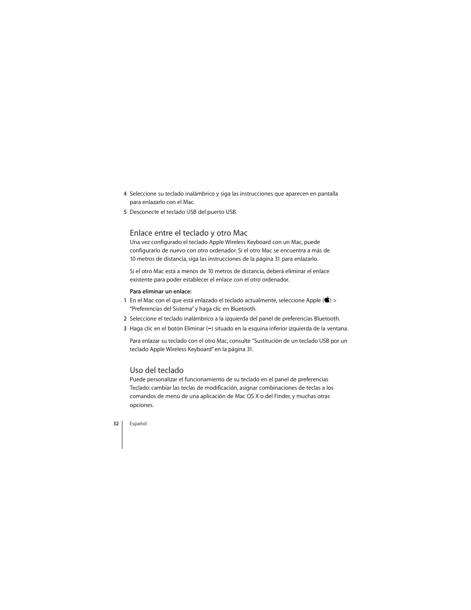 Enlace entre el teclado y otro mac, Uso del teclado | Apple Wireless  Keyboard User Manual | Page 32 / 52