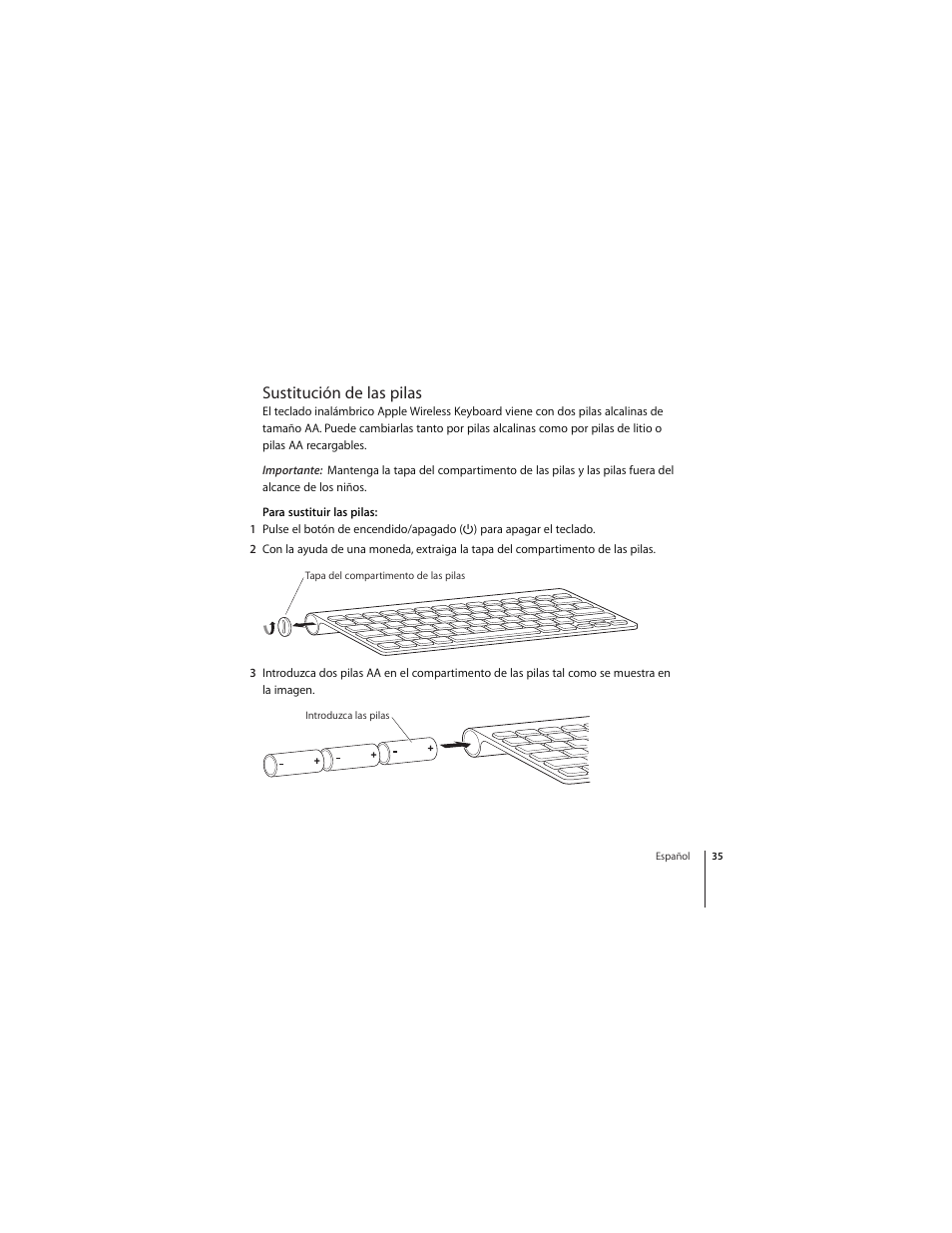 Sustitución de las pilas | Apple Wireless  Keyboard User Manual | Page 35 / 52