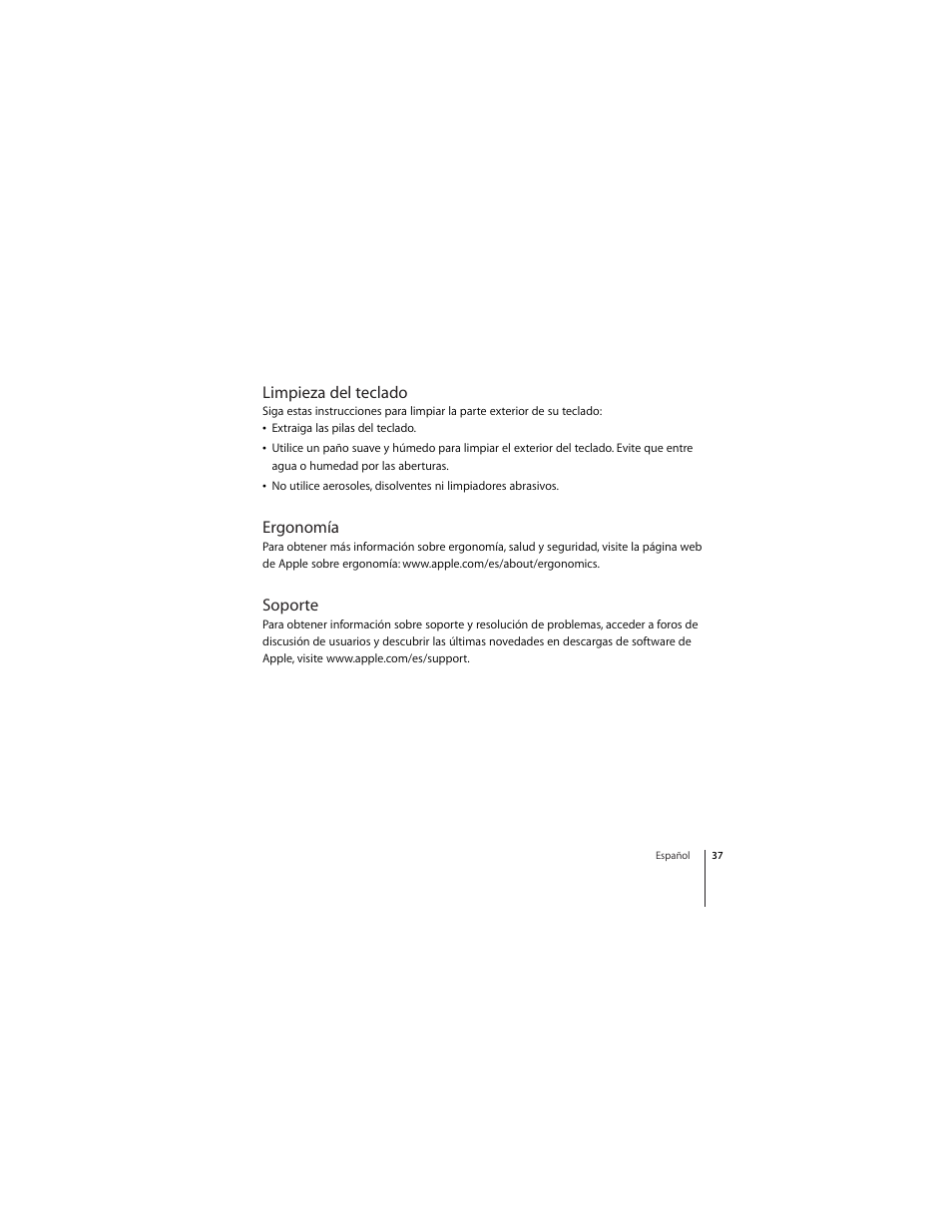 Limpieza del teclado, Ergonomía, Soporte | Apple Wireless  Keyboard User Manual | Page 37 / 52