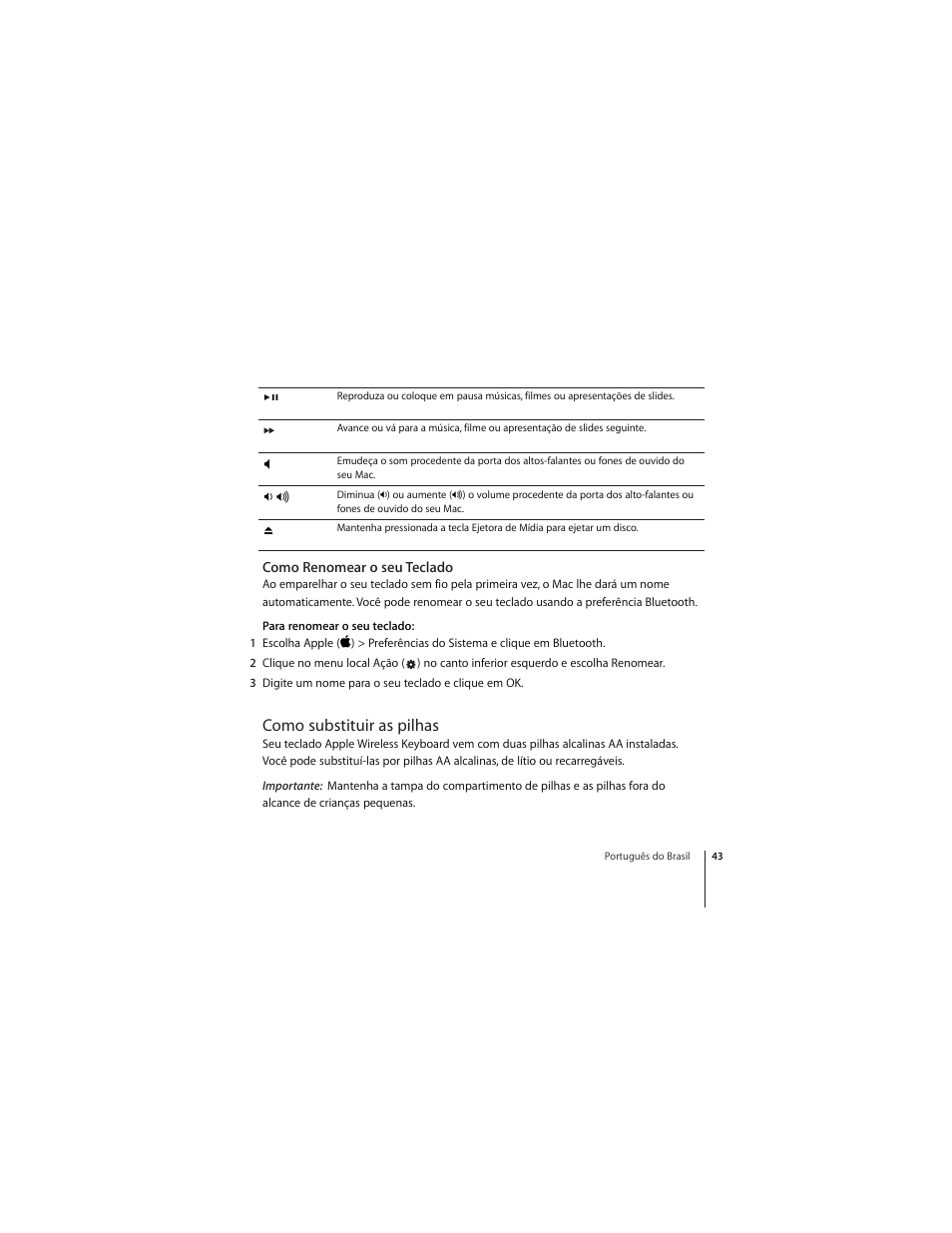 Como renomear o seu teclado, Como substituir as pilhas | Apple Wireless  Keyboard User Manual | Page 43 / 52