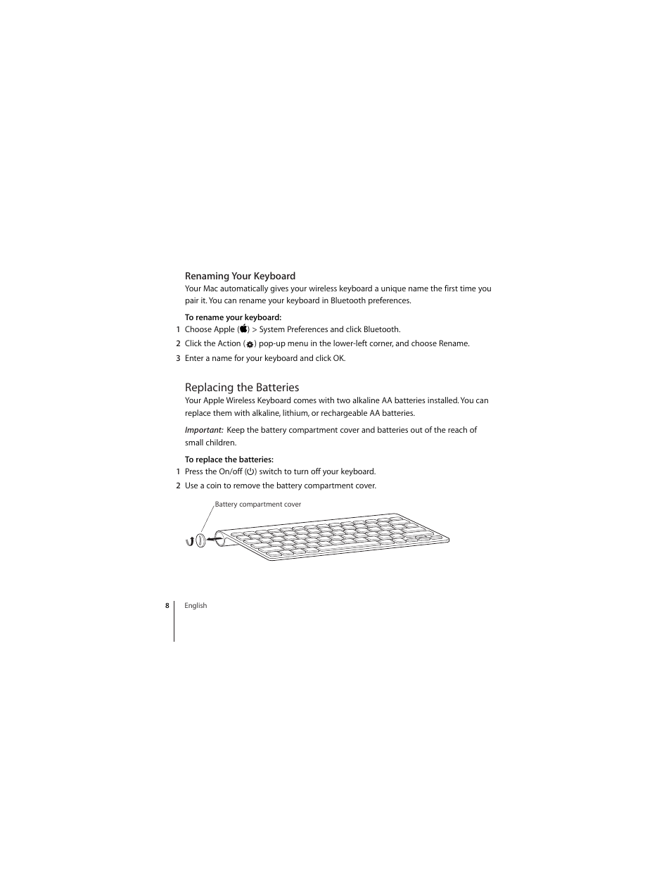 Renaming your keyboard, Replacing the batteries | Apple Wireless  Keyboard User Manual | Page 8 / 52