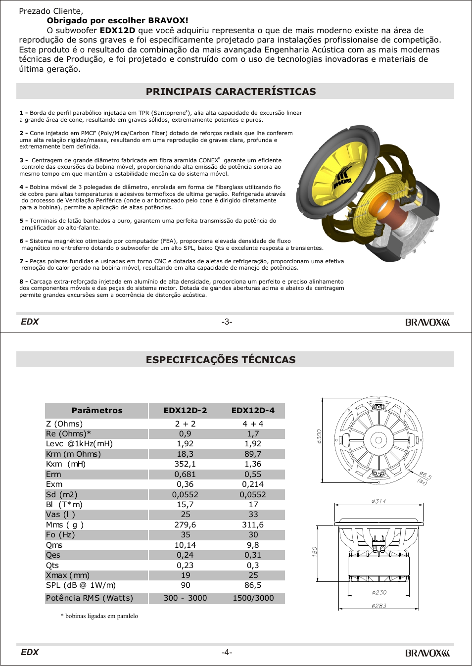 Especificações técnicas, Principais características | Bravox Linha EDX User Manual | Page 2 / 8