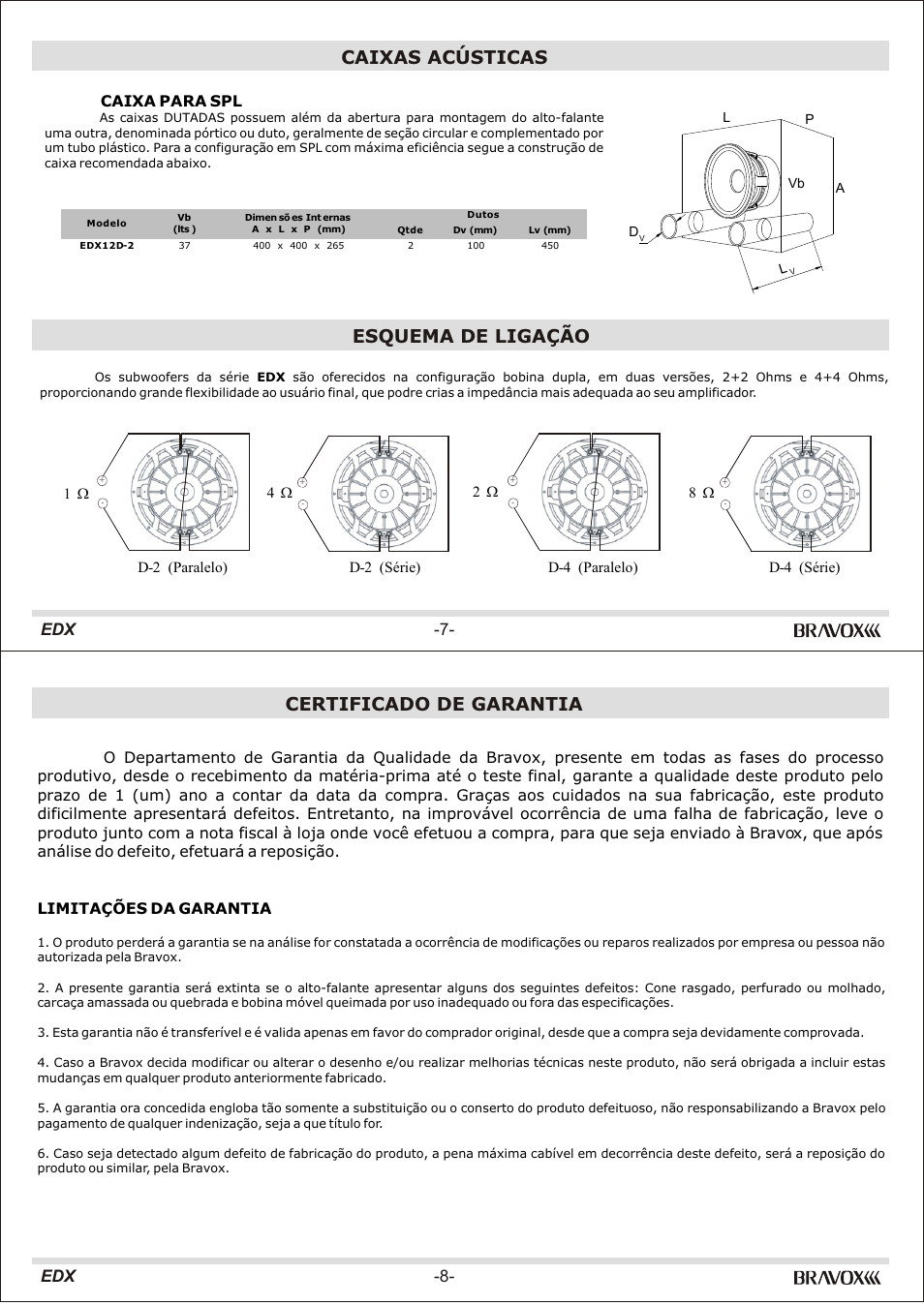 Certificado de garantia, Caixas acústicas, Esquema de ligação | Edx -8- edx -7, Caixa para spl | Bravox Linha EDX User Manual | Page 4 / 8