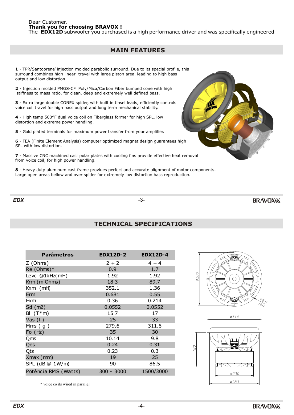 Technical specifications, Main features | Bravox Linha EDX User Manual | Page 6 / 8