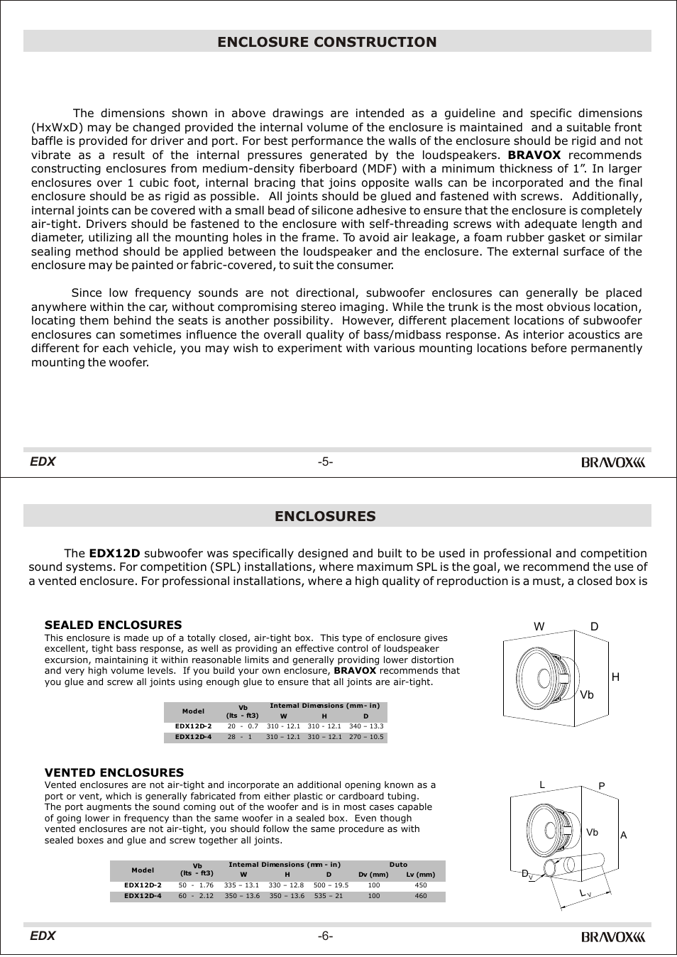 Enclosures, Enclosure construction, Edx -6- edx -5 | Vb w d h, Sealed enclosures | Bravox Linha EDX User Manual | Page 7 / 8