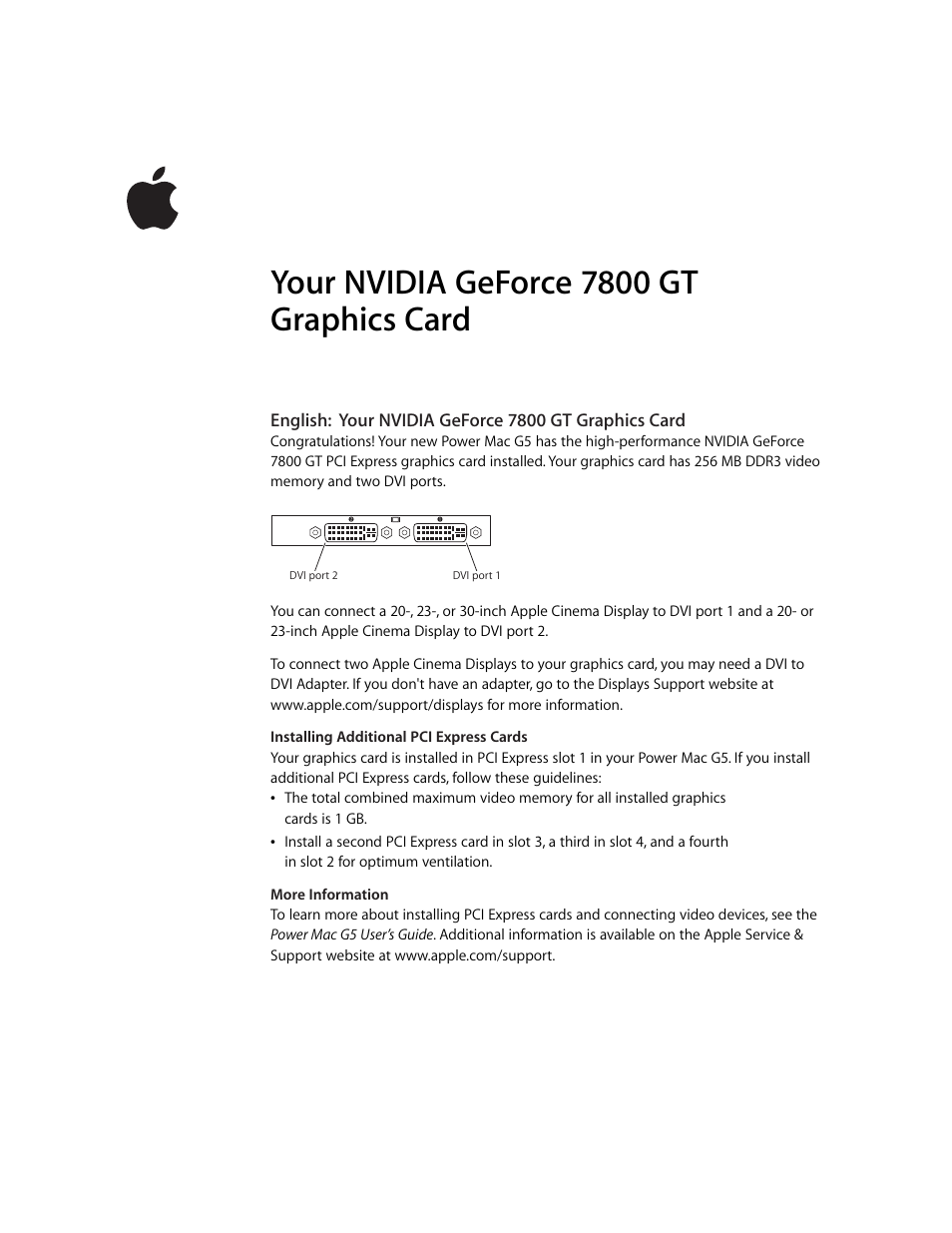 Apple NVIDIA GeForce 7800 GT Graphics Card User Manual | 12 pages