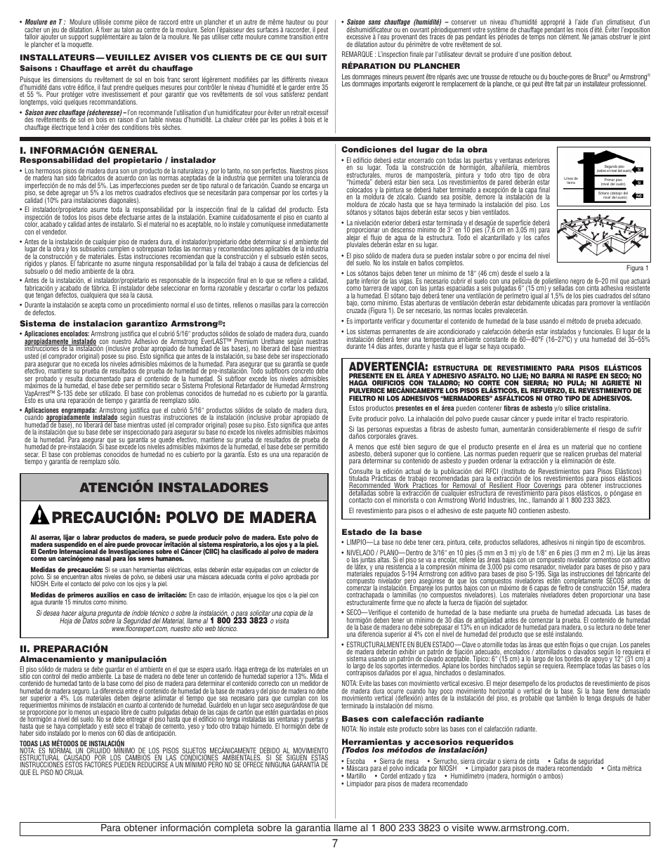 Precaución: polvo de madera, Atención instaladores, Advertencia | Bruce Natural Reflections User Manual | Page 7 / 10