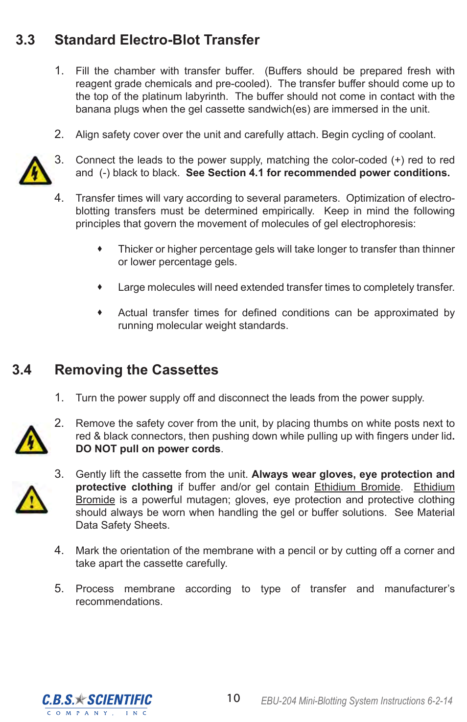 3 standard electro-blot transfer, 4 removing the cassettes | C.B.S. Scientific EBU-204 User Manual | Page 10 / 16