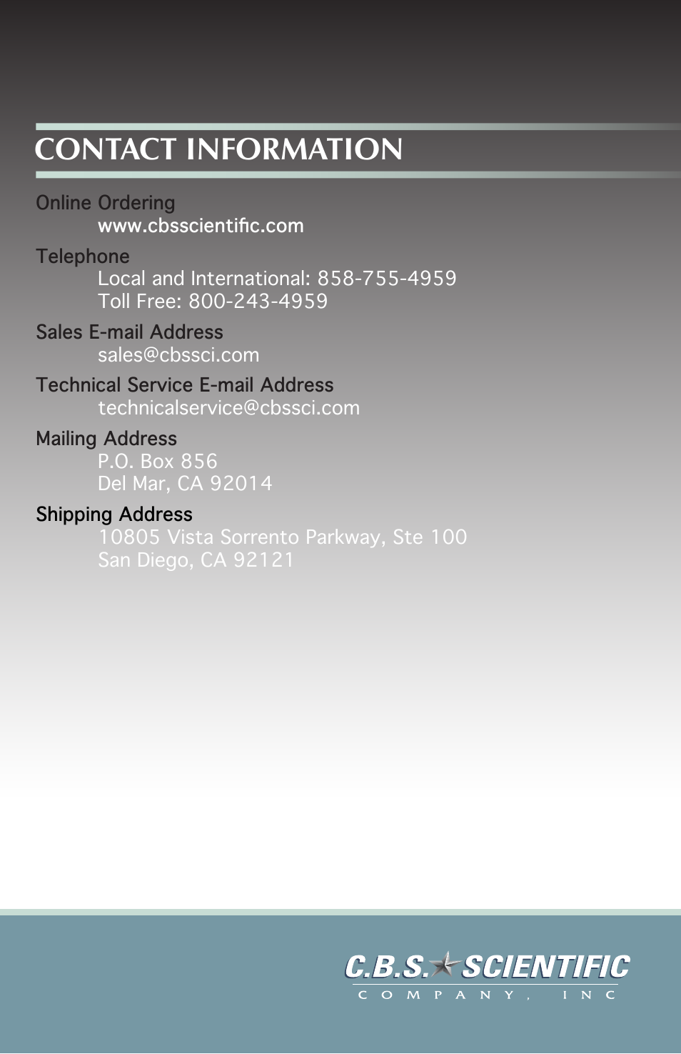 Contact information | C.B.S. Scientific EBU-204 User Manual | Page 16 / 16