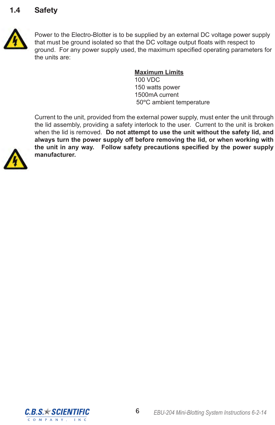 4 safety | C.B.S. Scientific EBU-204 User Manual | Page 6 / 16