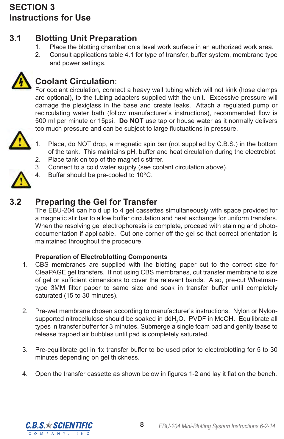 Coolant circulation, 2 preparing the gel for transfer | C.B.S. Scientific EBU-204 User Manual | Page 8 / 16