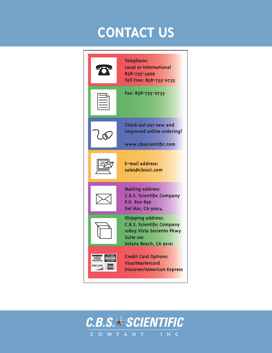 Contact us | C.B.S. Scientific EBX-700 User Manual | Page 16 / 16