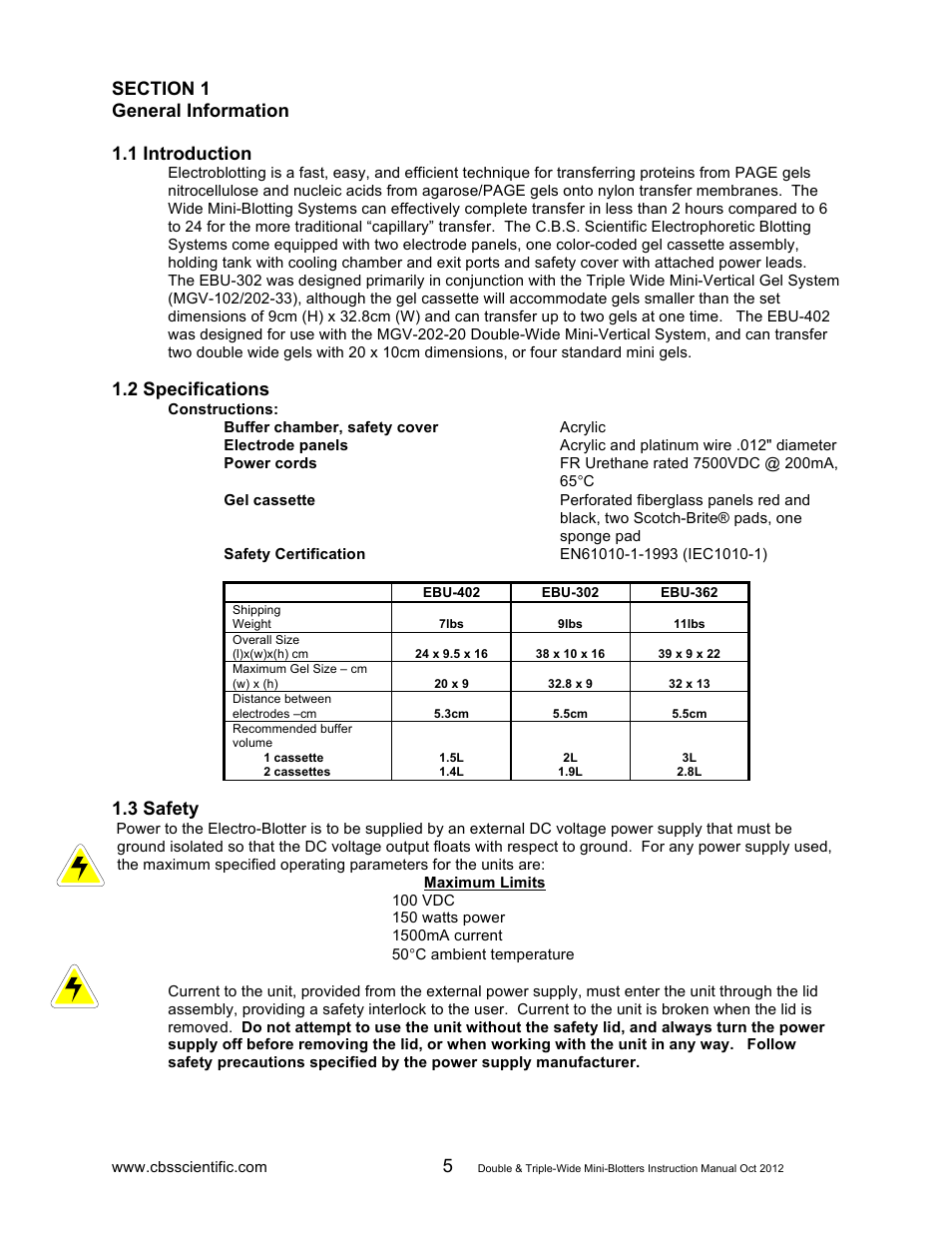 2 specifications, 3 safety | C.B.S. Scientific EBU-402 User Manual | Page 5 / 12