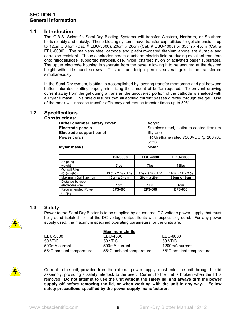 2 specifications, 3 safety | C.B.S. Scientific EBU-6000 User Manual | Page 5 / 16