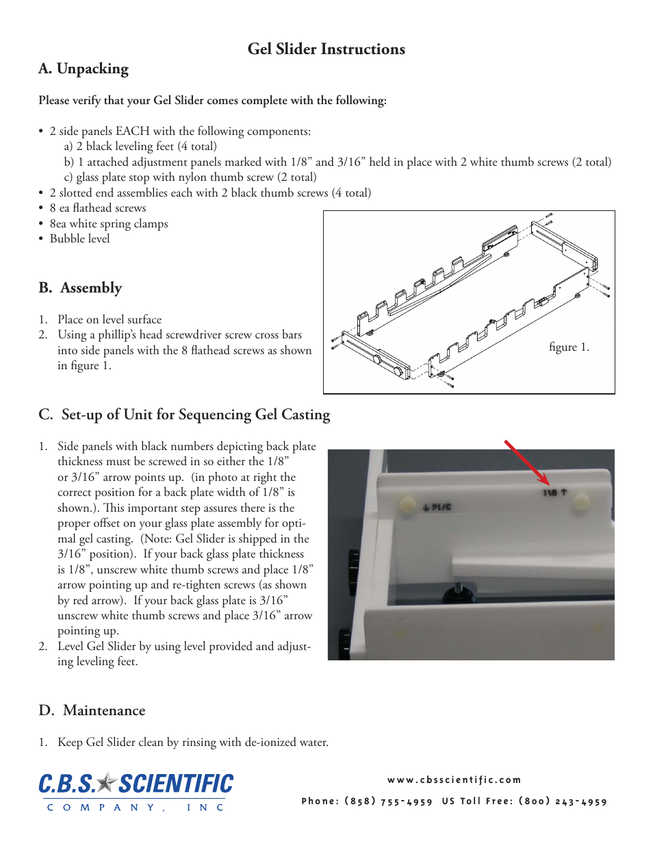 Gel slider instructions, A. unpacking, B. assembly | C. set-up of unit for sequencing gel casting, D. maintenance | C.B.S. Scientific GSL-1001 User Manual | Page 2 / 7
