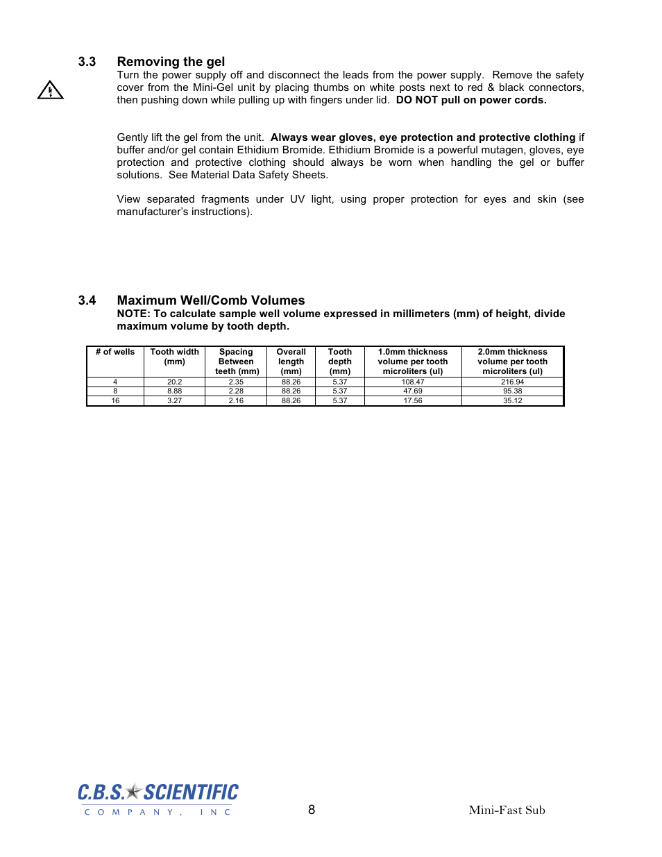 8 mini-fast sub 3.3 removing the gel, 4 maximum well/comb volumes | C.B.S. Scientific MGU-303 User Manual | Page 8 / 12